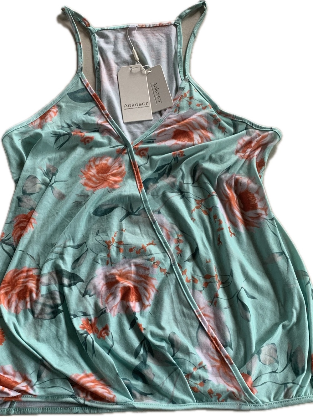 NWT Aokosor Spaghetti Strap Tank Top Crossover Mint Green Orange Floral M